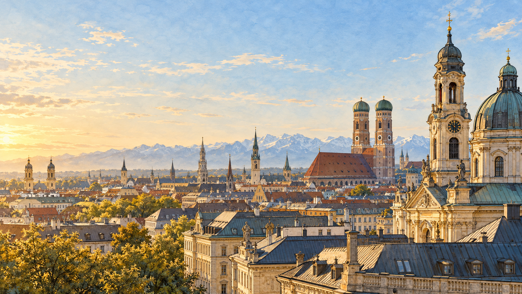 Grafische, frei gestaltete Münchner Stadtsilhouette mit Frauenkirche